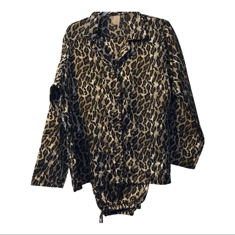 Satin Leopard Print Pajama Set Womens L